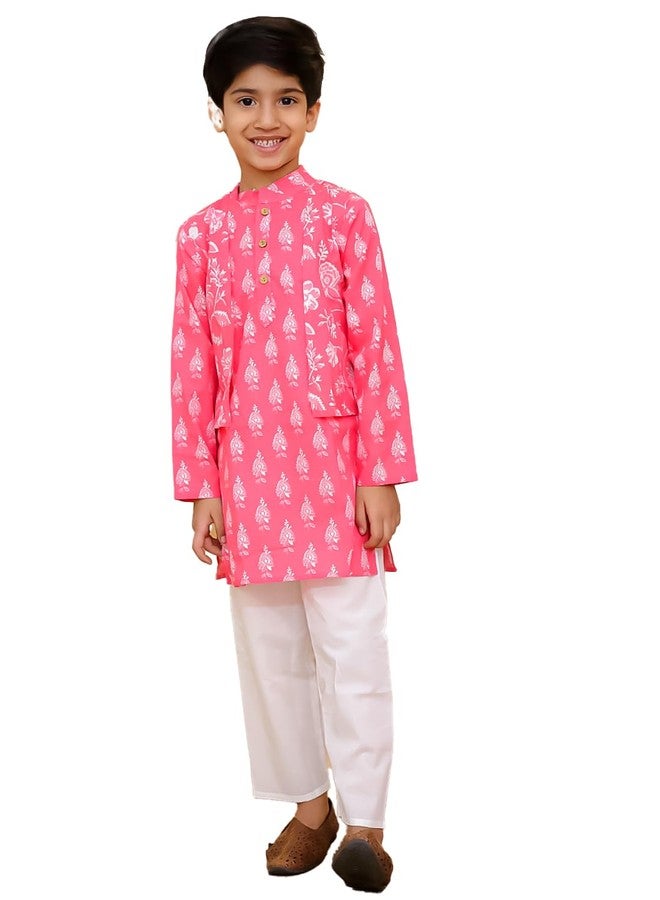 AJ DEZINES Kids Cotton Full Sleeve Floral Printed Pink Kurta Pajama Set for Boys - Ethnic wear | Special Occasion & Party Outfit | Mandarin Collar Kurta for boys - Regular Fit (1271-PINK-4-5Y-4) - Image 1