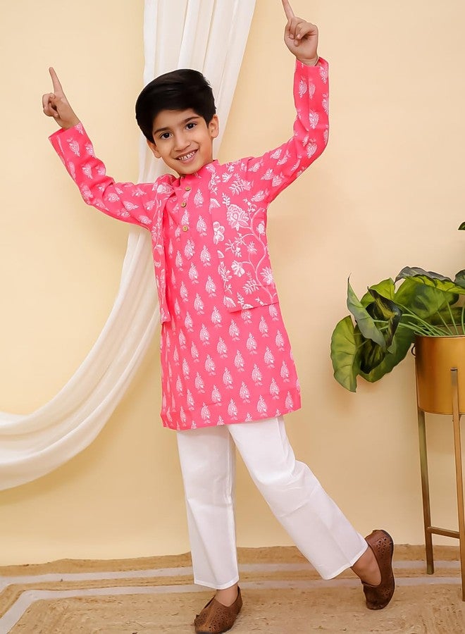 AJ DEZINES Kids Cotton Full Sleeve Floral Printed Pink Kurta Pajama Set for Boys - Ethnic wear | Special Occasion & Party Outfit | Mandarin Collar Kurta for boys - Regular Fit (1271-PINK-4-5Y-4) - Image 5