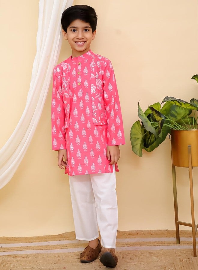 AJ DEZINES Kids Cotton Full Sleeve Floral Printed Pink Kurta Pajama Set for Boys - Ethnic wear | Special Occasion & Party Outfit | Mandarin Collar Kurta for boys - Regular Fit (1271-PINK-4-5Y-4) - Image 2