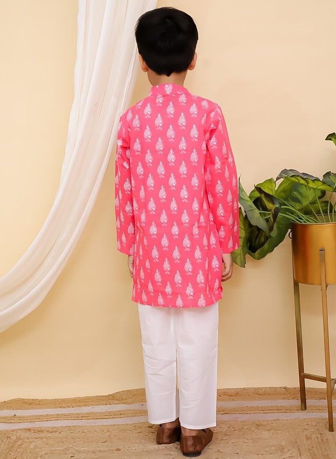 AJ DEZINES Kids Cotton Full Sleeve Floral Printed Pink Kurta Pajama Set for Boys - Ethnic wear | Special Occasion & Party Outfit | Mandarin Collar Kurta for boys - Regular Fit (1271-PINK-4-5Y-4) - Image 3