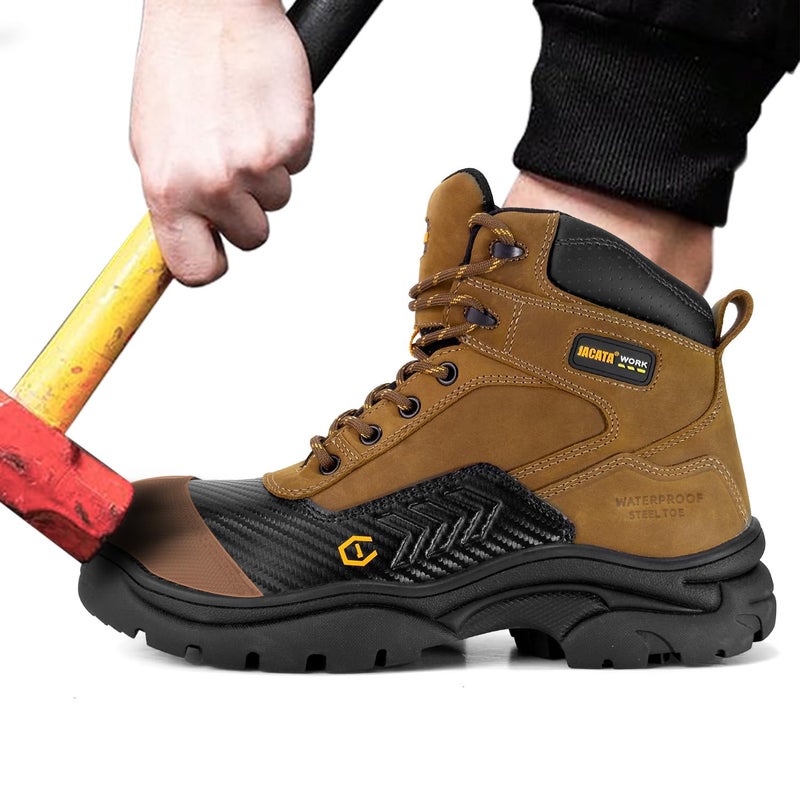 Jacata Waterproof Leather Soft/Steel Toe Work Boots For Men,Heavy Duty 6Inch Oil/Slip Resistant Rubber Outsole Comfortable Construction Industrial Safety Menâ€™s Work Boots (Brown Steeltoe size8.5) - Image 2