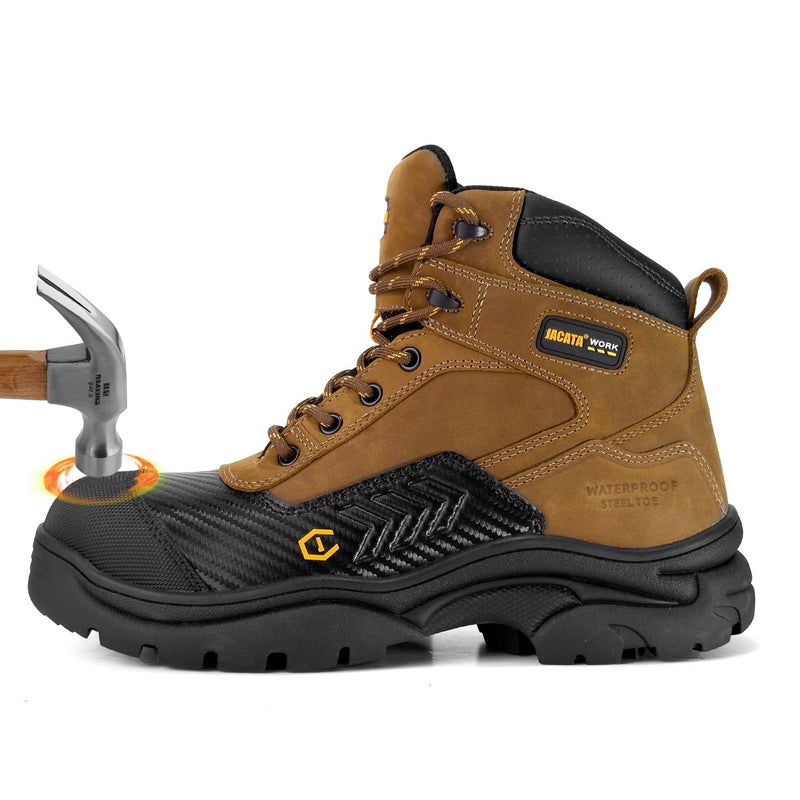 Jacata Waterproof Leather Soft/Steel Toe Work Boots For Men,Heavy Duty 6Inch Oil/Slip Resistant Rubber Outsole Comfortable Construction Industrial Safety Menâ€™s Work Boots (Brown Steeltoe size8.5) - Image 1