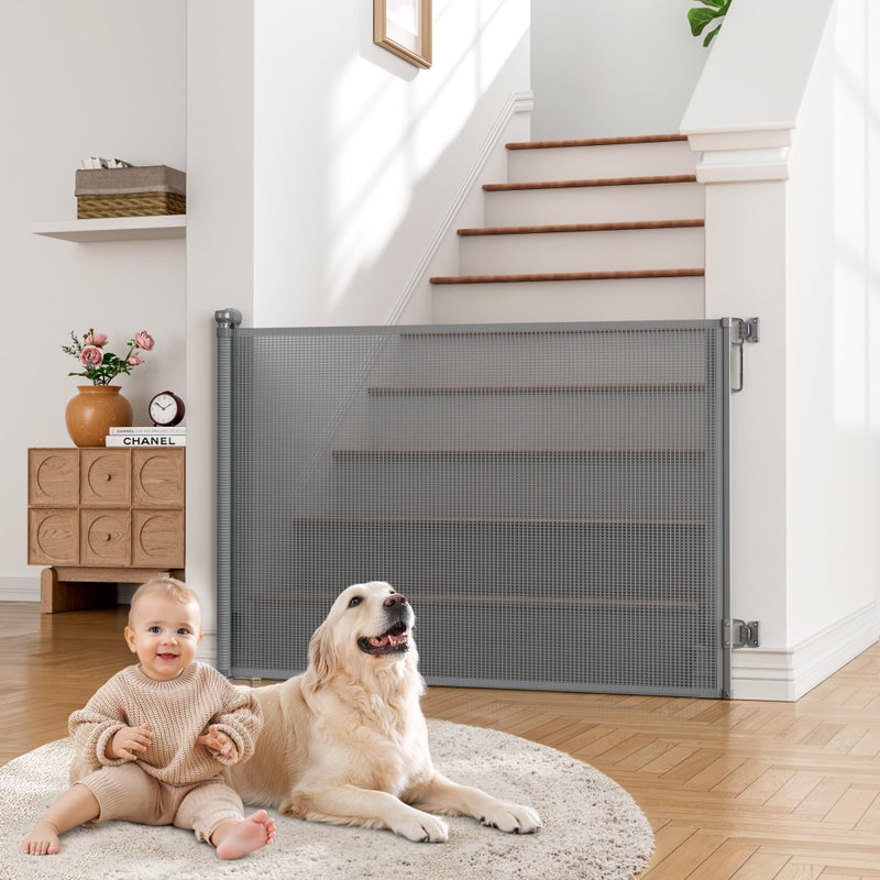 Babepai Retractable Baby Gates Extra Wide | 55" Wide x 38" Tall Dog Gates for Stairs | Indoor/Outdoor Use | Child Gates for Doorways, Deck, Porch, Hallways, Patio - Gray - Image 1