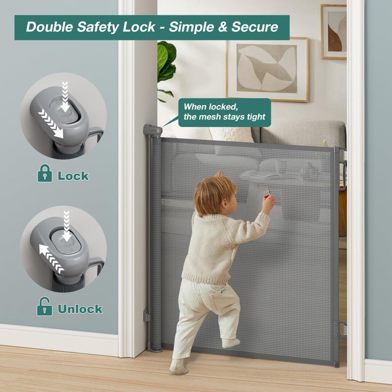 Babepai Retractable Baby Gates Extra Wide | 55" Wide x 38" Tall Dog Gates for Stairs | Indoor/Outdoor Use | Child Gates for Doorways, Deck, Porch, Hallways, Patio - Gray - Image 4