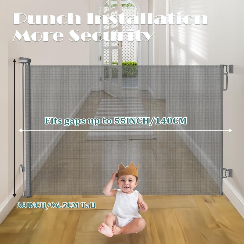 Babepai Retractable Baby Gates Extra Wide | 55" Wide x 38" Tall Dog Gates for Stairs | Indoor/Outdoor Use | Child Gates for Doorways, Deck, Porch, Hallways, Patio - Gray - Image 2