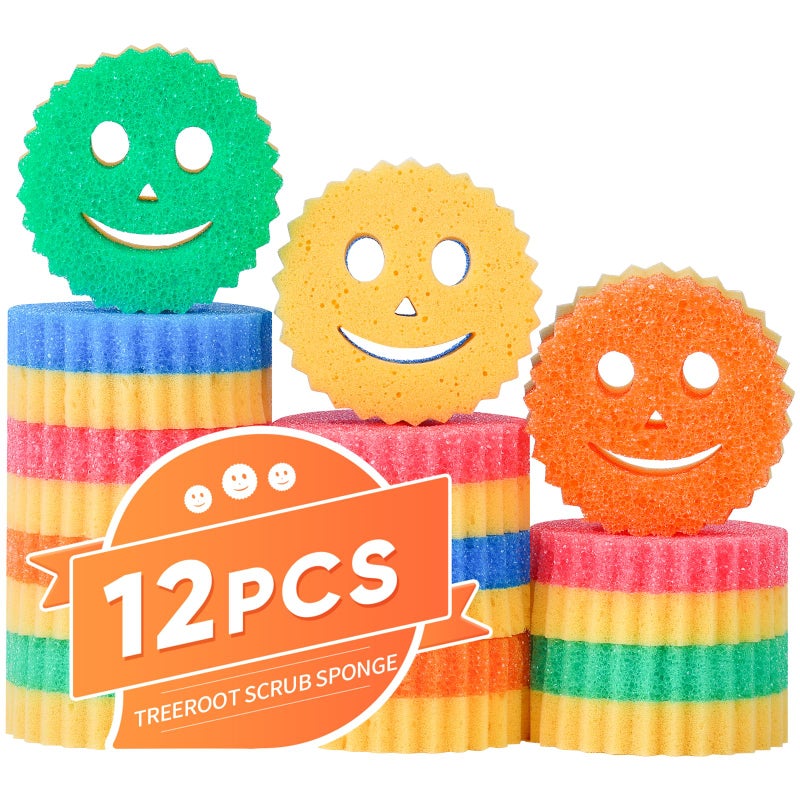Treeroot 12 Colorful Smile Scrub Sponges, Temperature Controlled Dish Sponge, Double Sided Bulk Kitchen Sponges for Cleaning, Multi Functional Cleaning Sponge for Kitchen, Bathroom, Floor - Image 1