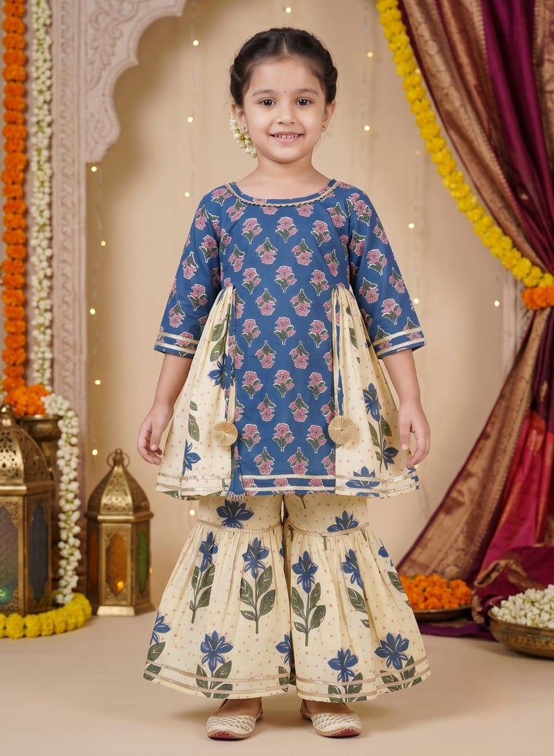 babyqlo Girls Blue and Cream Floral Kurta with Sharara Set - Image 2