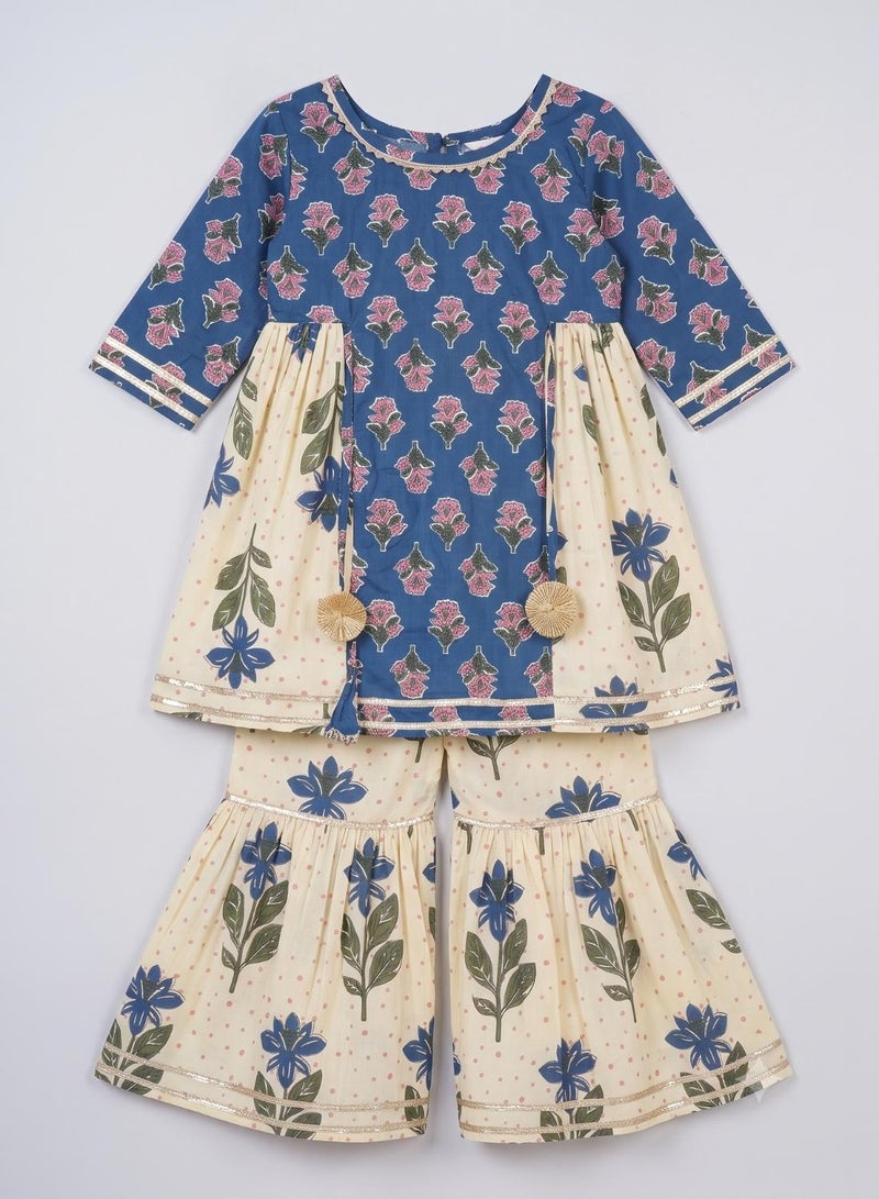 babyqlo Girls Blue and Cream Floral Kurta with Sharara Set - Image 5