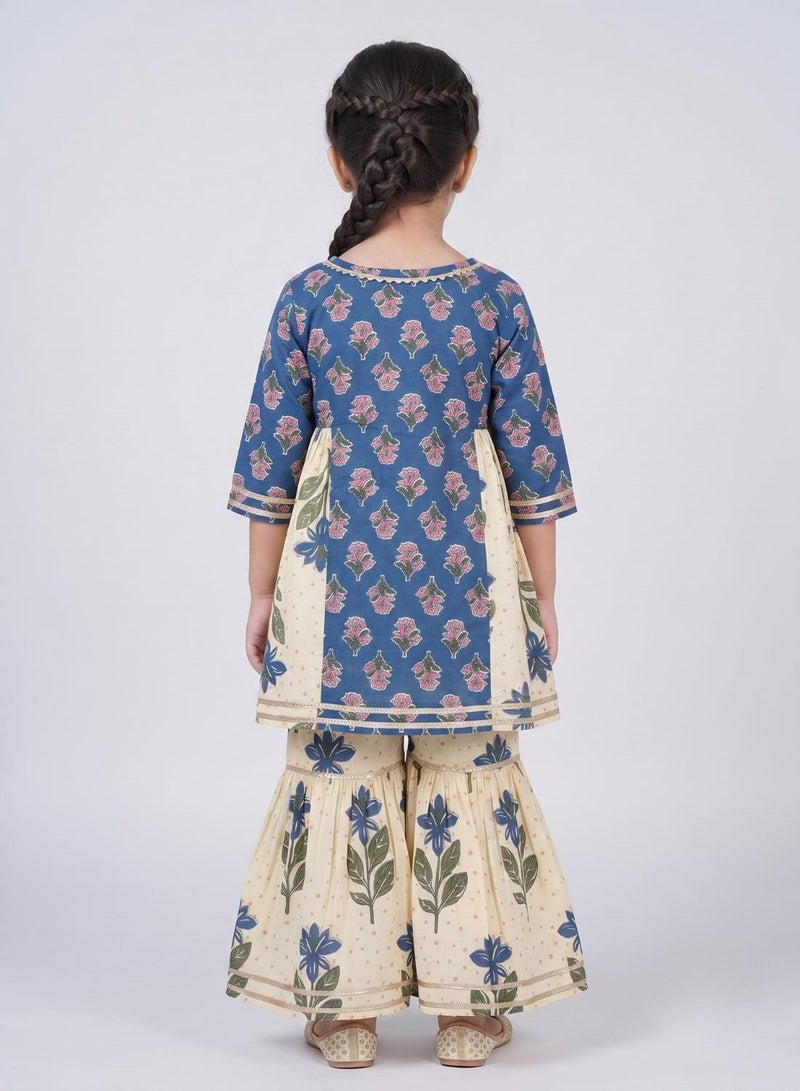 babyqlo Girls Blue and Cream Floral Kurta with Sharara Set - Image 3
