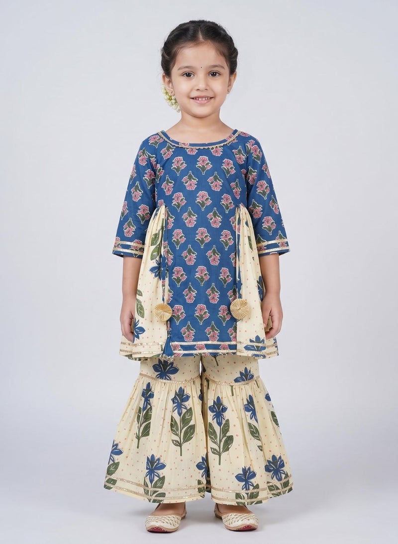 babyqlo Girls Blue and Cream Floral Kurta with Sharara Set - Image 1
