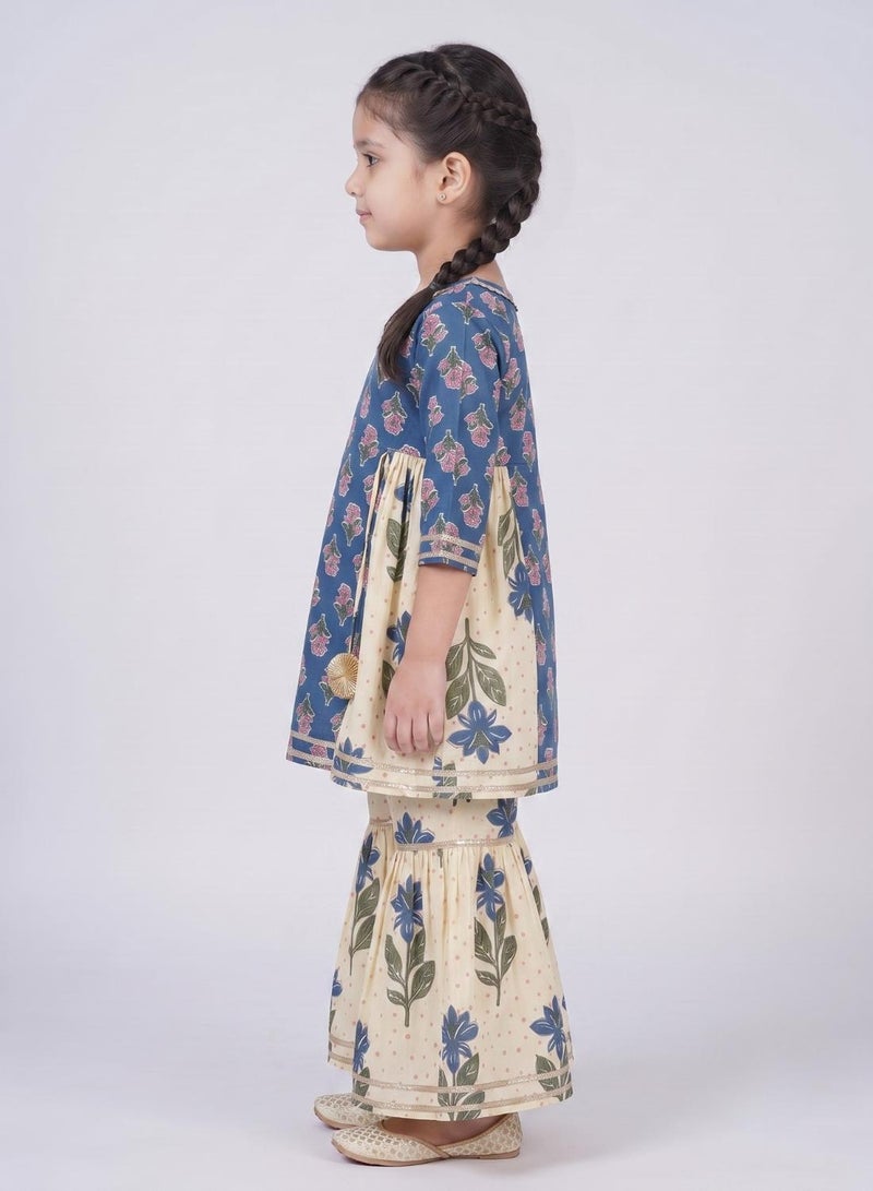 babyqlo Girls Blue and Cream Floral Kurta with Sharara Set - Image 4