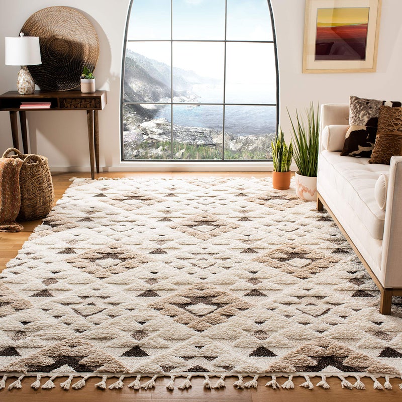 Safavieh SAFAVIEH Moroccan Tassel Shag Collection Area Rug  67 Square Ivory  Brown Boho Design NonShedding  Easy Care 2inch Thick Ideal for High Traffic Areas in Living Room Bedroom MTS688A 