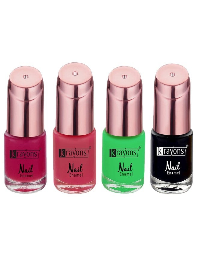 Krayons Crazy Gel Nail Enamel, Waterproof, Quick Dry, Neon Green, Black Shadow, Pearl Pink, Pastel Red, 8ml Each, Combo (Pack of 4) - Image 1