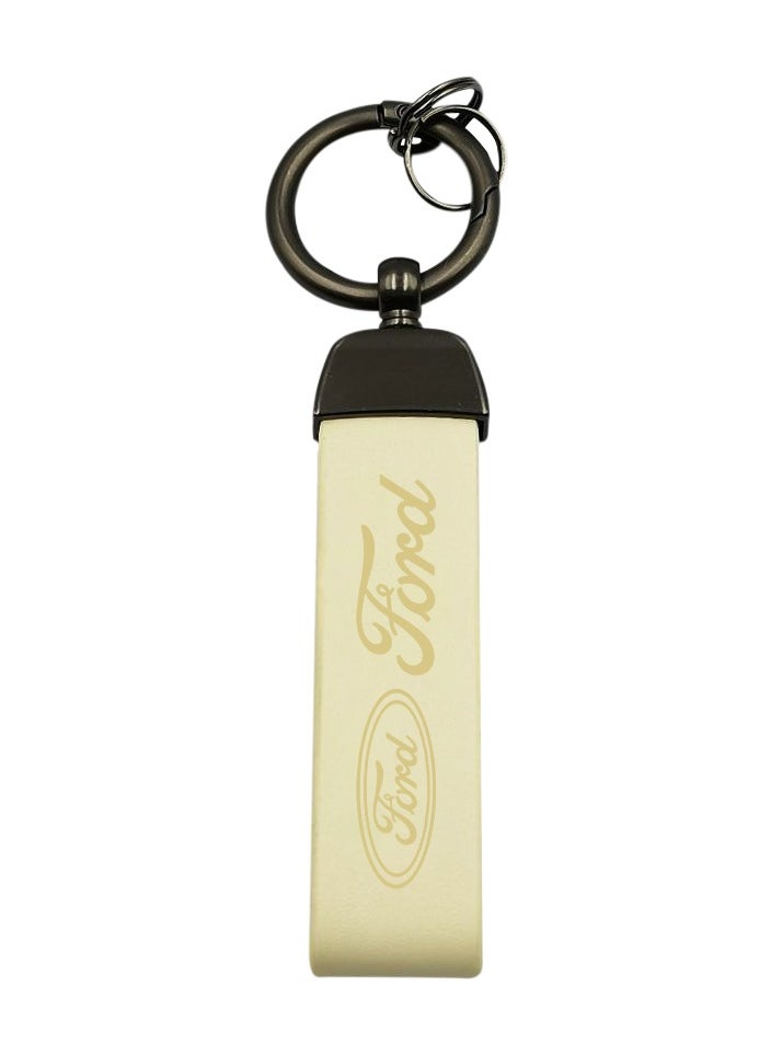 Ford - FORD Metal Keychain With Leather Loop, Secure & Stylish Car Keychain Beige - Image 1