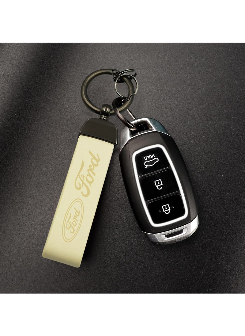 Ford - FORD Metal Keychain With Leather Loop, Secure & Stylish Car Keychain Beige - Image 1