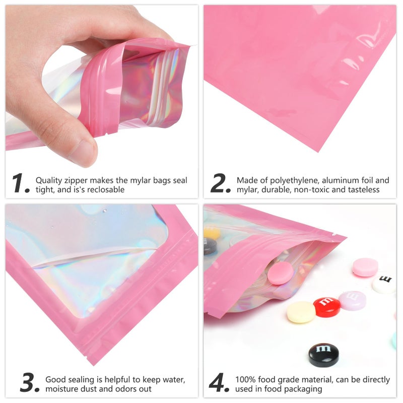 Funfery 100 pcs Pink Smell Proof Mylar Holographic Bags Packaging Bags,2.4x3.9Inch Clear Resealable Odor Proof Bag Foil Pouch Bag for Food Storage,Lipgloss,Jewelry,Eyelash Packaging Small Business - Image 4
