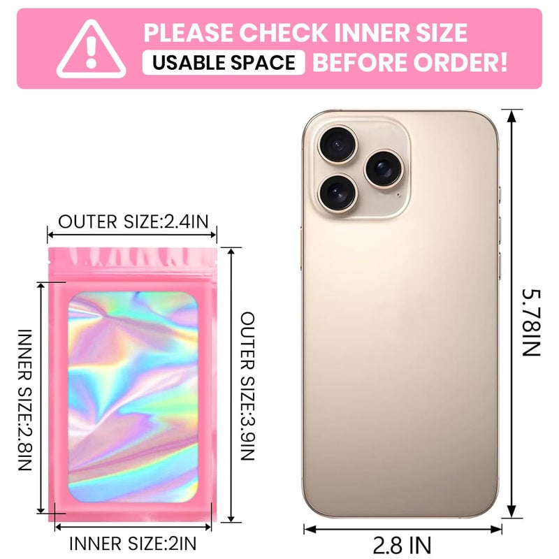 Funfery 100 pcs Pink Smell Proof Mylar Holographic Bags Packaging Bags,2.4x3.9Inch Clear Resealable Odor Proof Bag Foil Pouch Bag for Food Storage,Lipgloss,Jewelry,Eyelash Packaging Small Business - Image 2