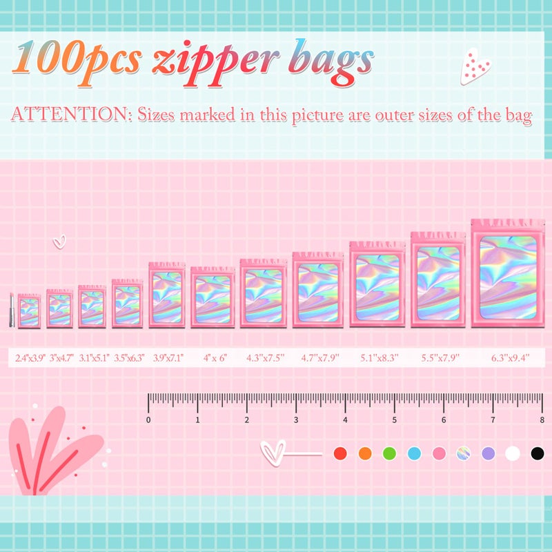 Funfery 100 pcs Pink Smell Proof Mylar Holographic Bags Packaging Bags,2.4x3.9Inch Clear Resealable Odor Proof Bag Foil Pouch Bag for Food Storage,Lipgloss,Jewelry,Eyelash Packaging Small Business - Image 3