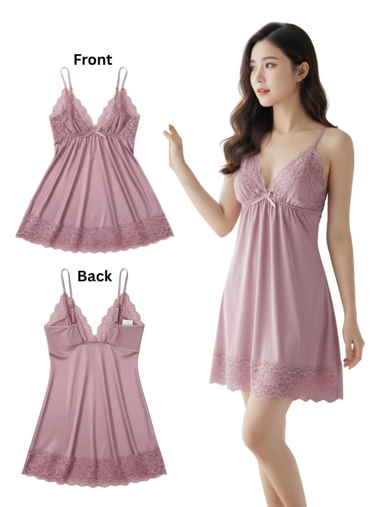 Cute Pink Lace Nightwear Slip – Soft Satin Short Nightdress for Women - Image 1