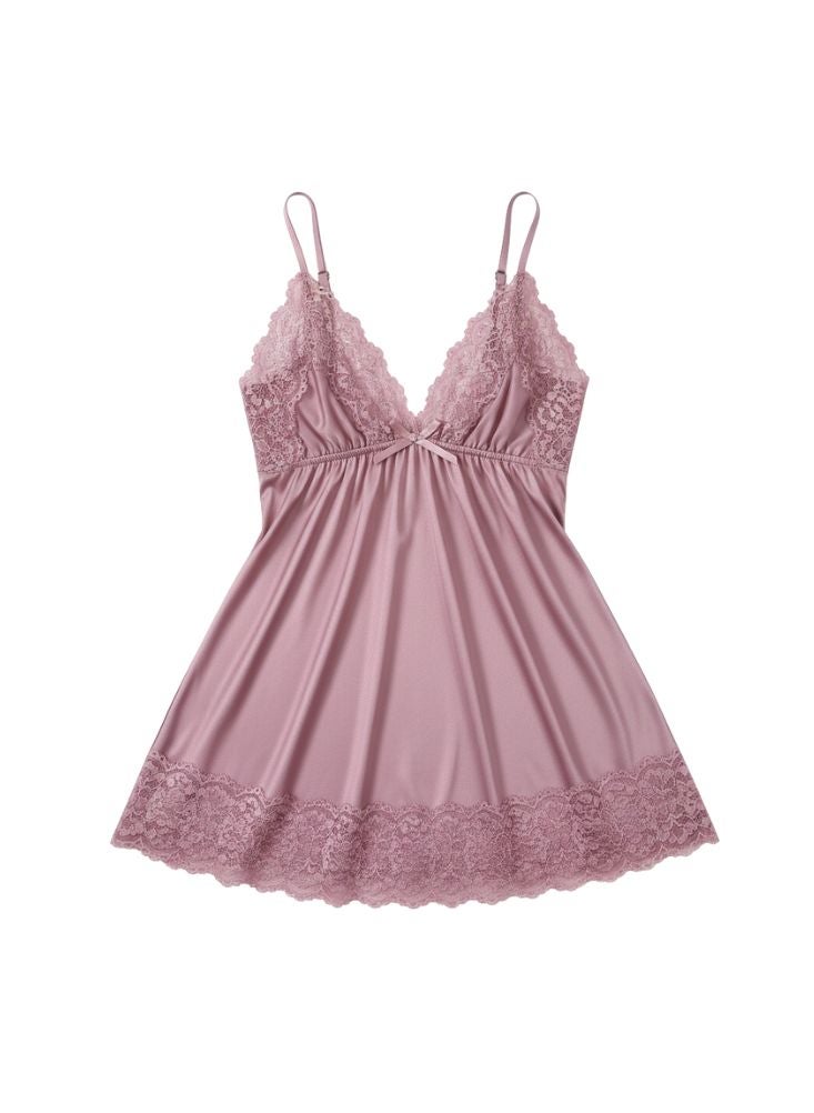 Cute Pink Lace Nightwear Slip – Soft Satin Short Nightdress for Women - Image 2