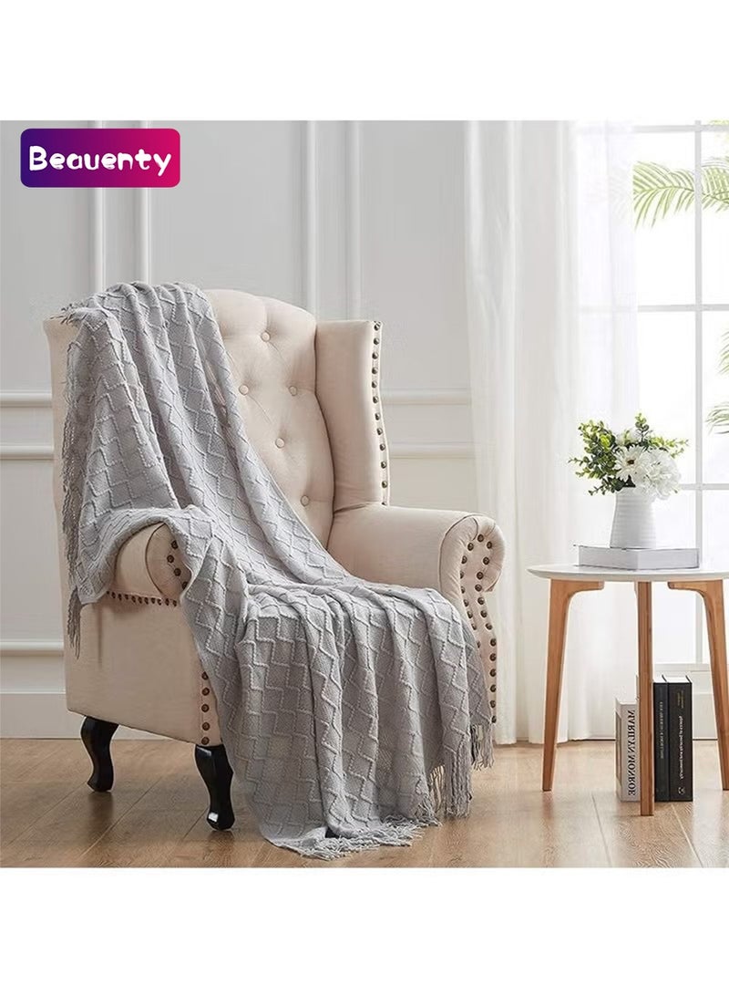 Beauenty Knitted Throw Blankets, Cozy Lightweight Decorative Throw, Warm Woven Blanket with Tassels for Couch Sofa, Bed and Living Room, All Seasons for Women, Men and Kids (Grey, 130x230cm) - Image 1