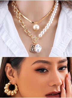 Al Aoyama 2PCS Gold-color Necklace Hip Hop Style Baroque Faux Pearls Head Square Pendant earrings Jewelry  - Image 1