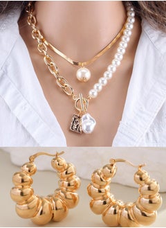 Al Aoyama 2PCS Gold-color Necklace Hip Hop Style Baroque Faux Pearls Head Square Pendant earrings Jewelry  - Image 3
