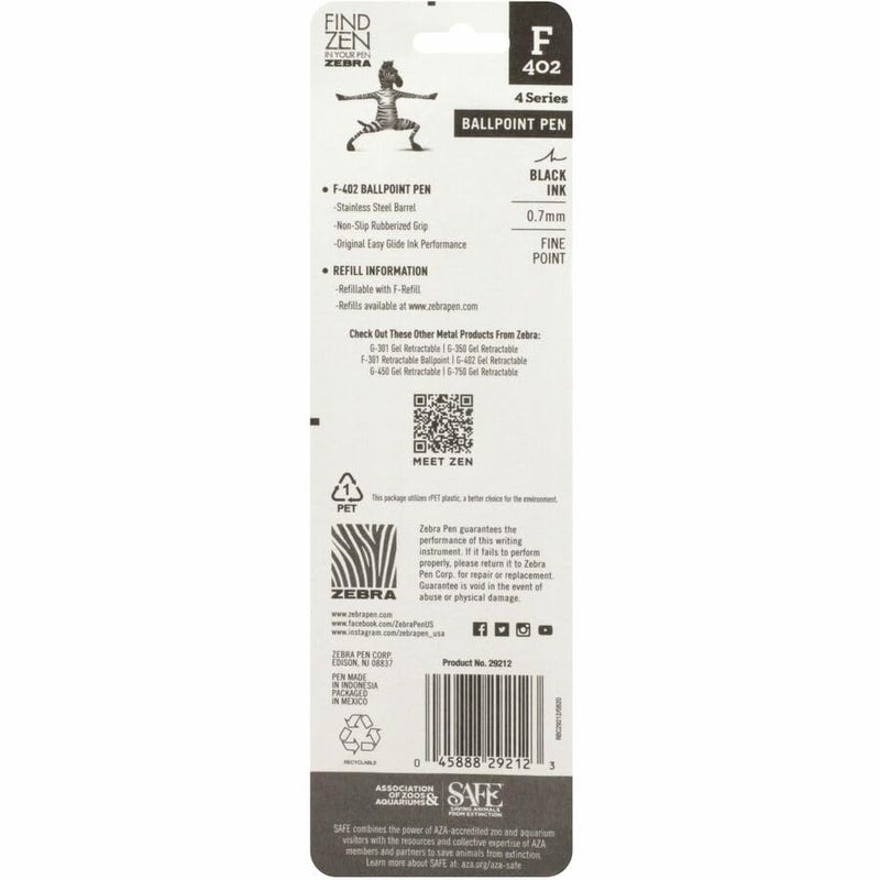 Zebra Pen F-402 Stainless Steel Retractable Ballpoint Ink Pens 2-Pack, Black Ink, 0.7mm Fine Point, Easy-Glide Ink, Non-Slip Grip, Metal Clip, Refillable With F-Refill (29212) - Image 2