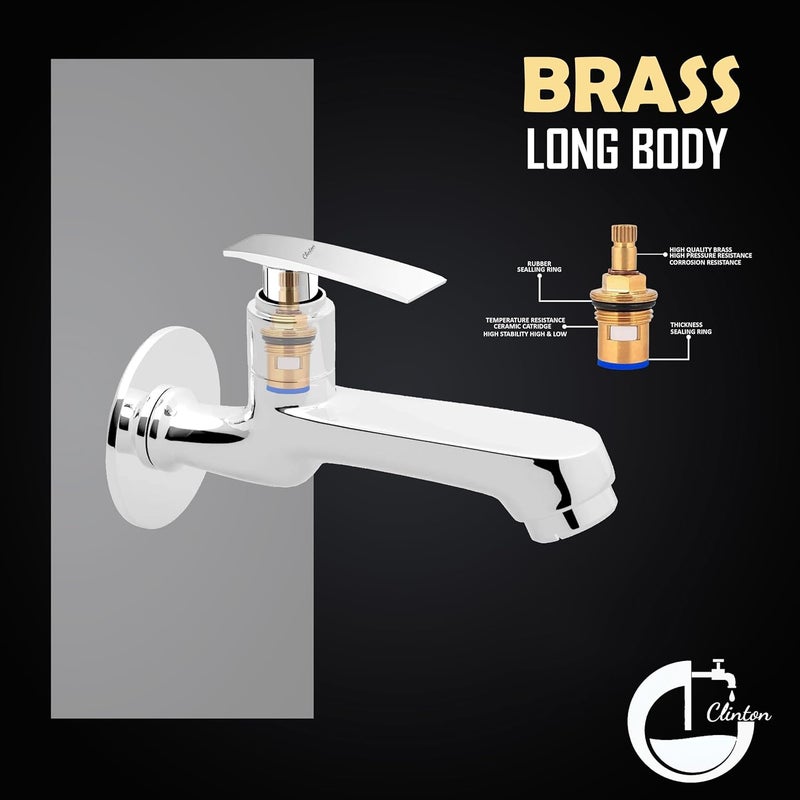 CLINTON Brass Long Body Bib tap | Wall Mounted Faucet | Chrome Finish | Bathroom Tap | Durable Wash Basin Tap - Image 2