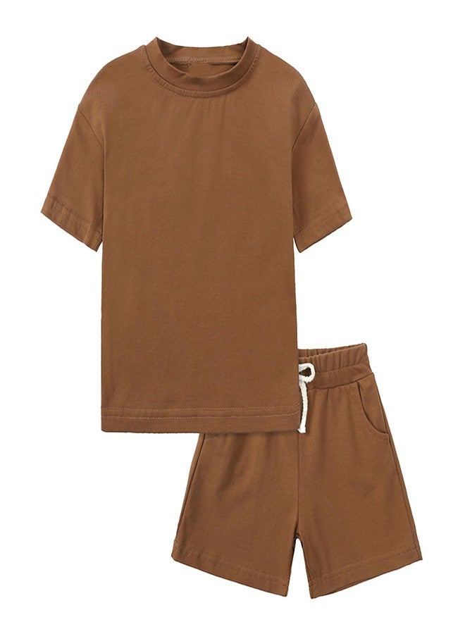 ROMPERINBOX Toddler Boy Summer Outfits 4-5T Brown Tracksuit Solid 2-piece Short Sleeve T-shirt & Shorts Clothes Set(Brown,4-5T) - Image 1