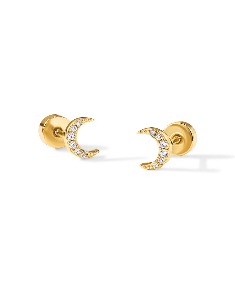 PAVOI 14K Yellow Gold Plated Earrings for Women | Crescent Moon and Star Earring | Cubic Zirconia Cartilage Helix Piercing Jewelry | 925 Sterling Trendy Flat Back Studs - Image 3