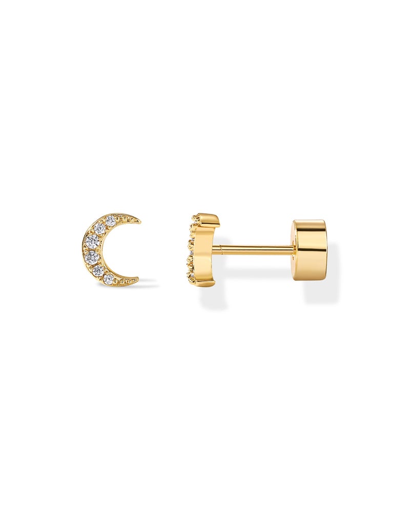 PAVOI 14K Yellow Gold Plated Earrings for Women | Crescent Moon and Star Earring | Cubic Zirconia Cartilage Helix Piercing Jewelry | 925 Sterling Trendy Flat Back Studs - Image 1
