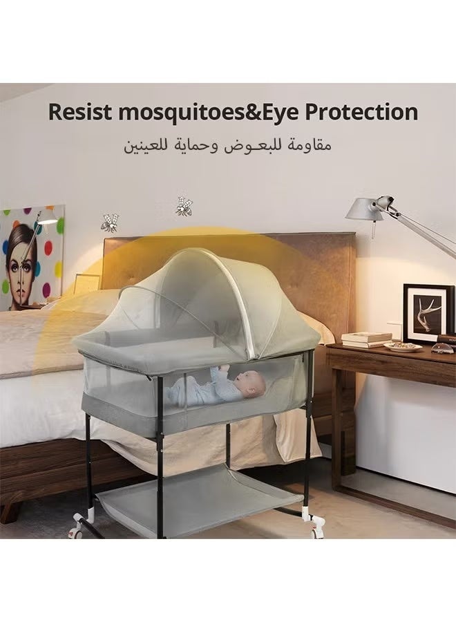 والالا سرير أطفال 4 في 1 قابل للتعديل بجانب السرير - سرير أطفال قابل للتحويل مع ناموسية وسلة تخزين | عجلات قابلة للقفل للحضانة/السفر | حل آمن لنوم الأطفال حديثي الولادة إلى الرضع، مع حزام أمان (رمادي) - Image 3