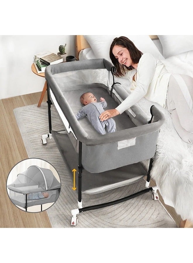 والالا سرير أطفال 4 في 1 قابل للتعديل بجانب السرير - سرير أطفال قابل للتحويل مع ناموسية وسلة تخزين | عجلات قابلة للقفل للحضانة/السفر | حل آمن لنوم الأطفال حديثي الولادة إلى الرضع، مع حزام أمان (رمادي) - Image 4