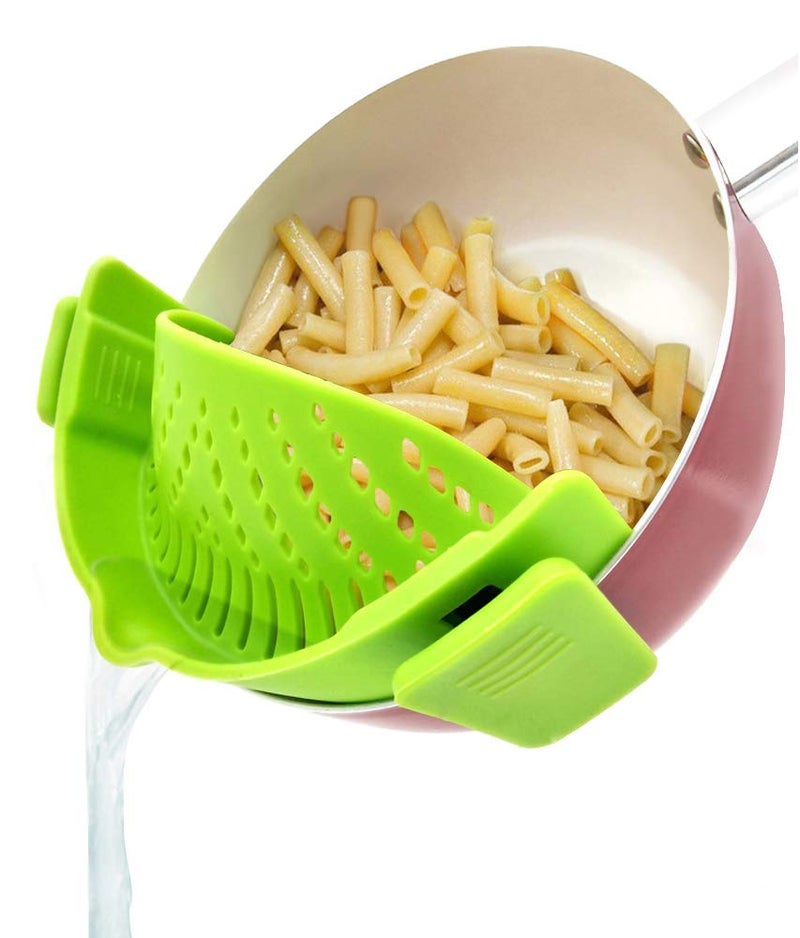 YEVIOR Clip on Strainer for Pots Pan Pasta Silicone Food Strainer HandsFree Pan Strainer Clipon Kitchen Food Strainer for Spaghetti Pasta Ground Beef Fits All Bowls and Pots Green