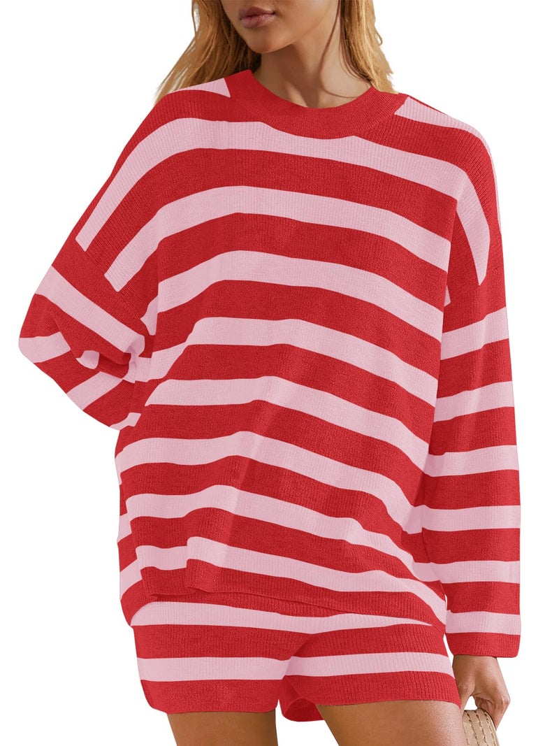 Panadila Striped Lounge Sets for Women Sweater Set Pajama Set Long Sleeve and Shorts 2025 Matching Set 2 Piece Outfits (Cherry Pink Combo,XS) - Image 2