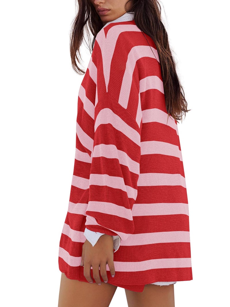 Panadila Striped Lounge Sets for Women Sweater Set Pajama Set Long Sleeve and Shorts 2025 Matching Set 2 Piece Outfits (Cherry Pink Combo,XS) - Image 3