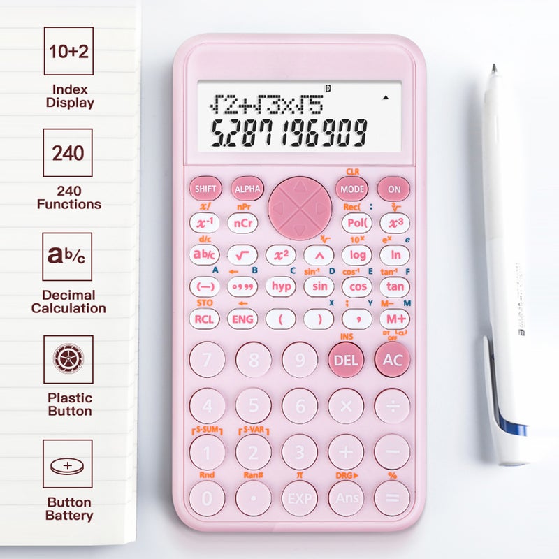 Scientific Calculators Cute Desktop Calculator with 240 Functions 2 Line LCD Screen Ideal for Students School Office Portable to Carry - Pink - Image 2