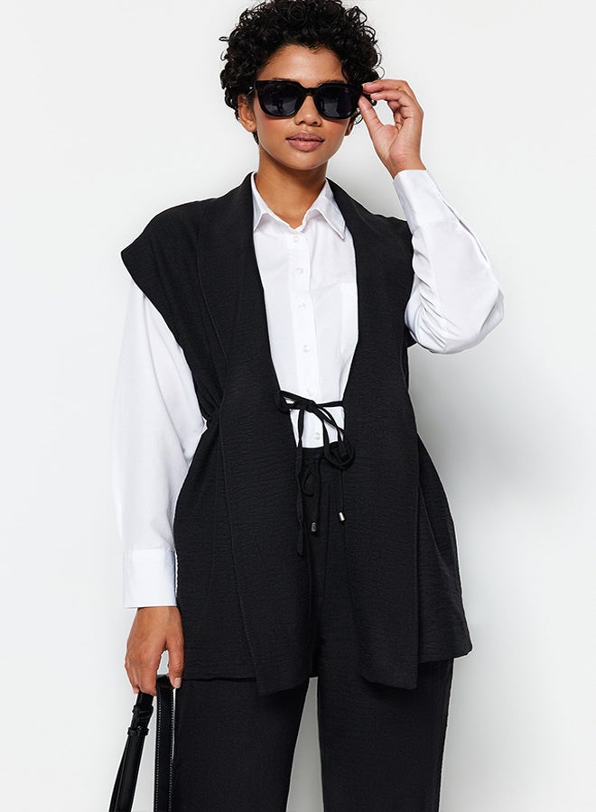 trendyol Black Inside Tie Linen Look Kimono-Pants Woven Suit TCTSS23US00061  - Image 3