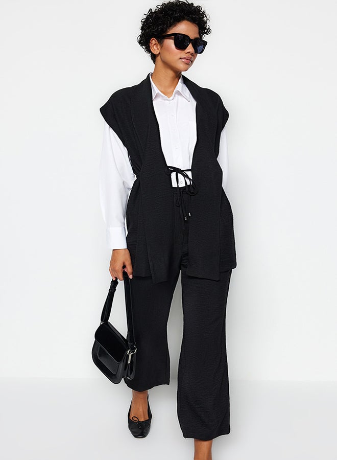 trendyol Black Inside Tie Linen Look Kimono-Pants Woven Suit TCTSS23US00061  - Image 2