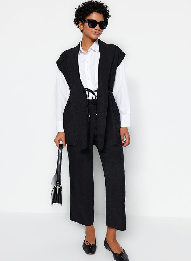 trendyol Black Inside Tie Linen Look Kimono-Pants Woven Suit TCTSS23US00061  - Image 1