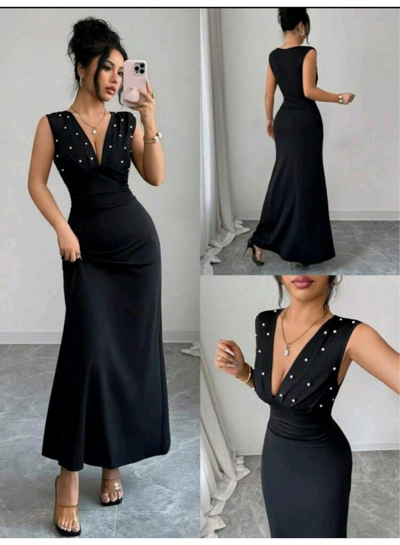 SHEIN Elegant Sleeveless V-Neck Fitted Mermaid Dress, Embellished With Pearls, Suitable For Elegant Party Wear Black Summer - Image 5