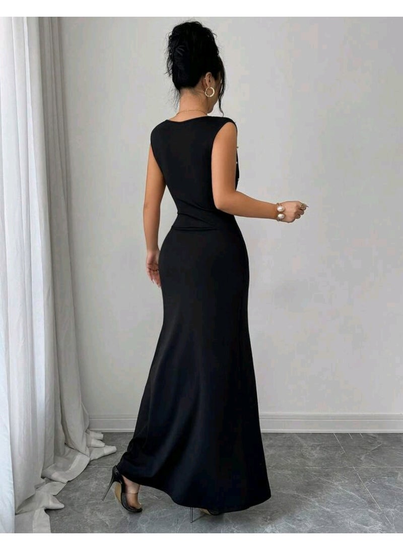 SHEIN Elegant Sleeveless V-Neck Fitted Mermaid Dress, Embellished With Pearls, Suitable For Elegant Party Wear Black Summer - Image 3