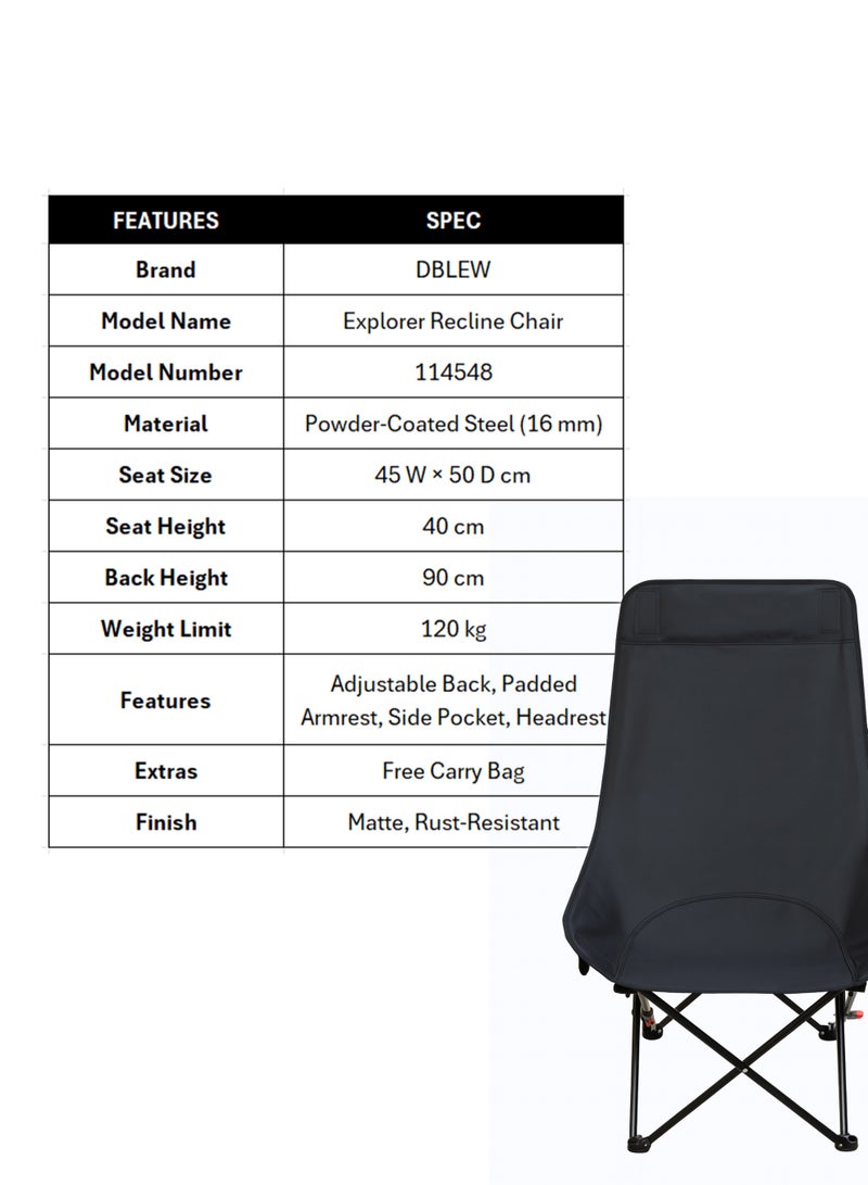 DBLEW Adjustable Reclining Folding Camping Chair with High Back, Headrest & Side Pocket – Lightweight Portable Outdoor Chair with 3-Position Backrest & Carry Bag for Camping, Fishing, Beach Trips, Picnics & Outdoor Parties - Image 2