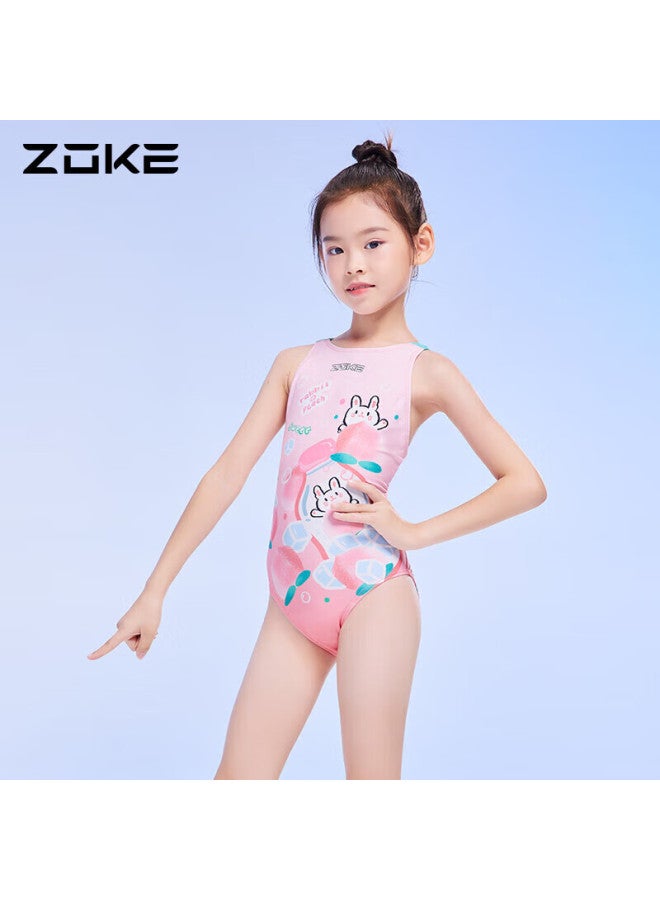 Zoke Children's Swimsuit, One-piece Triangle Fitness Swimwear For Girls, 123525803, Pink And White, Little Rabbit Pattern, Size 12 - Image 2