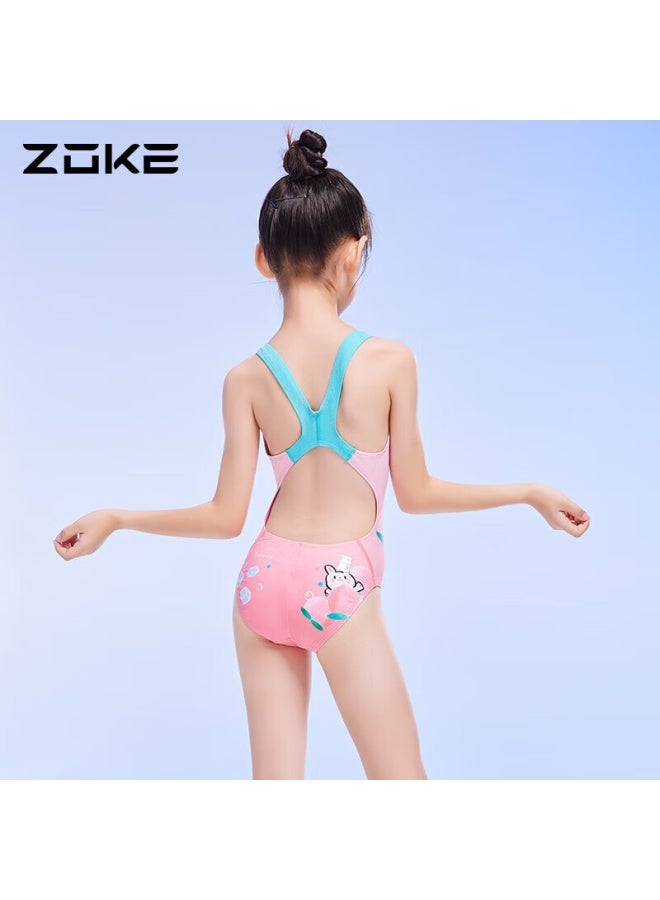 Zoke Children's Swimsuit, One-piece Triangle Fitness Swimwear For Girls, 123525803, Pink And White, Little Rabbit Pattern, Size 12 - Image 3
