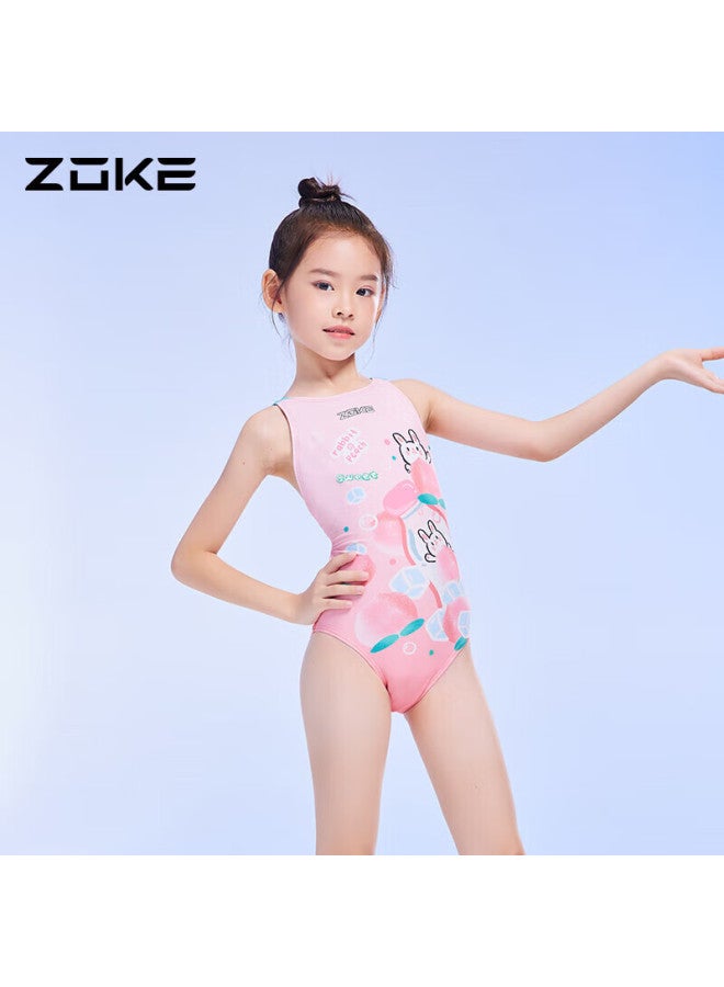 Zoke Children's Swimsuit, One-piece Triangle Fitness Swimwear For Girls, 123525803, Pink And White, Little Rabbit Pattern, Size 12 - Image 1