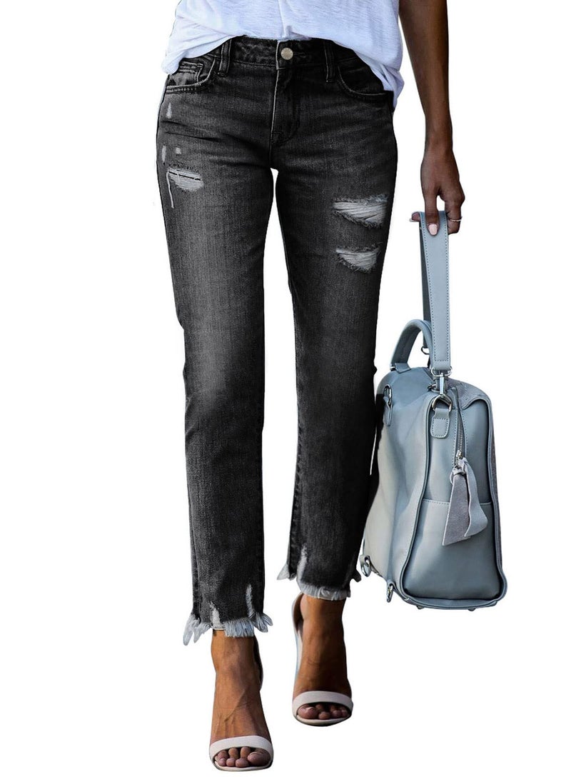 EVALESS Ripped Distressed Jeans Womens Trendy High Waisted Stretchy Pull On Straight Ankle Denim Pants Black Size 14 - Image 1