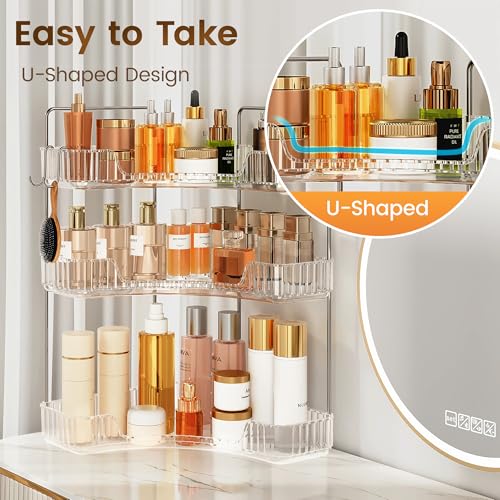 Kinkota Corner Bathroom Counter Organizer 3-Tier Bathroom Organizer Countertop with Hooks Perfume Organizers Storage Shelf for Makeup & Skincare Dresser-Clear - Image 5