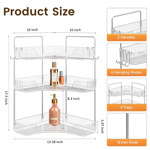 Kinkota Corner Bathroom Counter Organizer 3-Tier Bathroom Organizer Countertop with Hooks Perfume Organizers Storage Shelf for Makeup & Skincare Dresser-Clear - Image 2